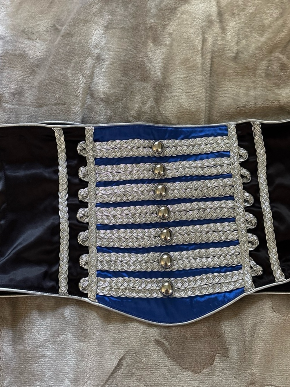 Blue and Silver Military-Style Waist Belt Corset with Braided Trim